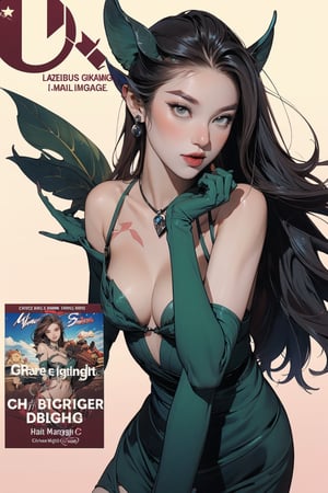 1girl, standing, earrings, ((hairbangs, casting lighting magic,)) magazine cover, Zyra_Default,green_gloves,chimai