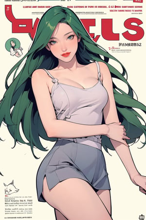 mature, lustful, allure, 1girl, green hair, red lips, eye_lens, detailed and styled clothes, medium breasts, skirt, looking at viewer, best quality, masterpiece, sharp focus, hakil, magazine cover, ((outline, 2D manga artstyle,))