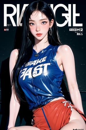 1girl, ((basketball girl outfit,)) thigh up, detailed clothes, earrings, looking at viewer, aespakarina, magazine cover,