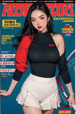 1girl, tennis girl outfit, thigh up body, standing, looking at viewer, detailed clothes, earrings, magazine cover, chimai