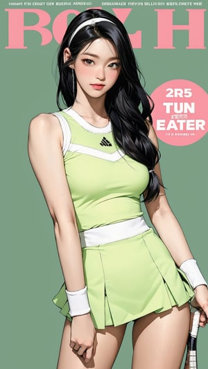 1girl, standing, thigh up body, hairband, ((looking at viewer, tennis girl outfit,)) 2D artstyle, magazine cover, outline, earings, blush, green background, hairstyle, ultra detailed, best quality, sharp focus, kmiu,sim,haohaoulz,aespawinter,huondey,seolhuyn