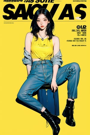 1girl, full body, detailed clothes, kpop idol outfit, styled, medium hair, tied hair, looking at viewer, sharp focus, magazine cover, yellow background, ((outline,)) chimai, aespakarina,sanatw