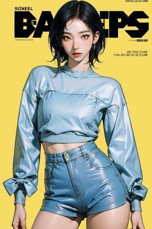 1girl, thigh up body, detailed clothes, kpop idol outfit, styled, medium hair, hairtie, looking at viewer, sharp focus, magazine cover, yellow background, ((outline,)) chimai, aespakarina,sanatw