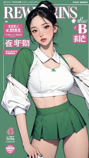 1girl, standing, thigh up body, ((looking at viewer, tennis girl outfit, center opening,)) 2D artstyle, magazine cover, outline, earings, blush, green background, hairstyle, ultra detailed, best quality, sharp focus, ,DiaSondef,sophiesw,Mia ,Anna ,mthanhh,minatw