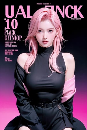 1girl, thigh up, looking at viewer, pink hair, styled clothes, ultra detail, accurate color reproduction, black background, best quality, professionally color graded, wide angle, artwork, blurring effect, professional lighting, sanatw,magazine cover