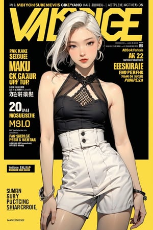 1girl, white hair, bracelets, ((thigh up body,)) looking at viewer, hairstyle, earrings, intricate background, magazine cover, aespakarina, headphone,mthanhh