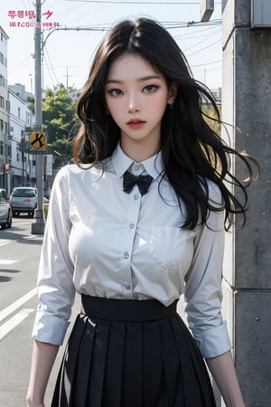 1girl, school girl, hip up body, pleated skirt, button down colar shirt, bow, korea street corner, summer, looking at viewer, ultra detailed, beautiful face, natural lighting, best quality, masterpiece, aespakarina, straight camera angle, noise effect, blurring effect, photo realistic, magazine cover