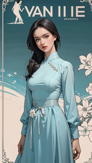 1girl, looking at viewer, thigh up body, sexy and elegant, cyan background, hairstyle, dynamic composition, styled clothes, cutout clothing, shirt, skirt, ultra detailed, best quality, sharp focus, aespakarina, magazine cover, outline, 2D art, chimai,htt,sim,huondey,kn