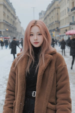 1girl, thigh up body, long skirt, turtle neck shirt, puffer coat, blonde pink hair, on paris street, winter, snow, looking at viewer, ultra detailed, beautiful face, natural lighting, 2D artstyle, best quality, masterpiece, aespakarina, straight camera angle, noise effect, blurring effect,