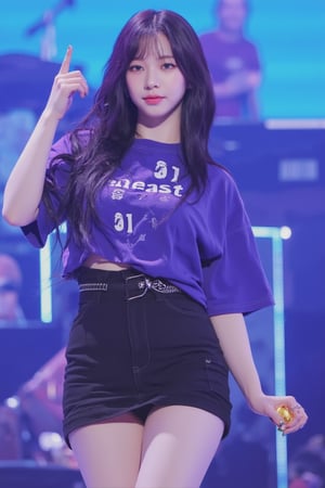 1girl, thigh up body, kpop idol, styled shirt, skirt, dark purple straight hair, on stage, detailed clothes, looking at viewer, ultra detailed, beautiful face, natural lighting, magazine cover, 2.5D artstyle, best quality, masterpiece, aespakarina, straight camera angle, white lighting, noise picture,