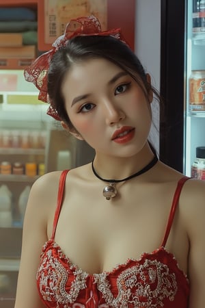 1girl, looking at viewer, styled strap shirt, ((choker bell,)) detailed clothes, hairstyle, profesional lighting, magazine cover, convenience store, soda cabinet, 7elenven, photorealistic, advertisement,

aespakarina, chimai,sim,hine,hakil,kn,Enhanced all