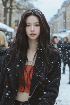 1girl, hip up body, miniskirt, jacket, hairstyle, on paris street corner, winter, snow floating, snow on hair, snow on clothes, looking at viewer, ultra detailed, beautiful face, natural lighting, 2D artstyle, best quality, masterpiece, aespakarina, straight camera angle, noise effect, blurring effect,