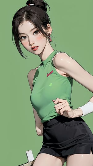 1girl, standing, thigh up body, ((looking at viewer, tennis girl outfit, center opening,)) 2D artstyle, magazine cover, outline, earings, blush, green background, hairstyle, ultra detailed, best quality, sharp focus, ,DiaSondef,sophiesw,Mia ,Anna ,mthanhh,minatw,momo,sanatw