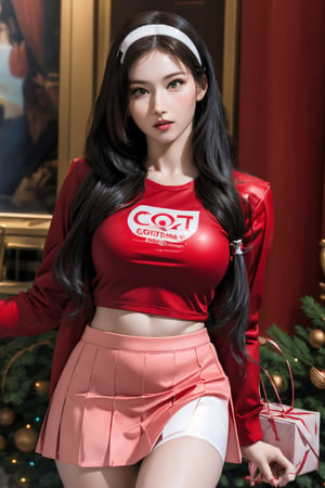 1girl, masterpiece, high detailed, realistic, digital art, beautiful girl, christmas, christmas girl costume, thighs up body, cropped clothes, skirt, red and white theme, aespakarina, aespakarina, 1girl, detailed beautiful face, detailed beautiful eyes, sharp focus, hair band, ,sanatw