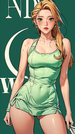 1girl, standing, thigh up body, ((looking at viewer, tennis girl outfit, center opening,)) 2D artstyle, magazine cover, outline, earings, blush, green background, hairstyle, ultra detailed, best quality, sharp focus, ,DiaSondef,sophiesw