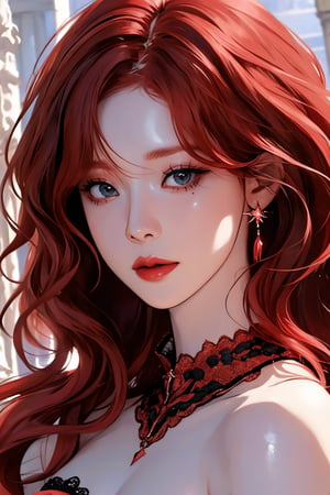 short red hair, 1girl, accessories, piercing, intricate background, fantasy, mythical, misterious, masterpiece, best quality, dynamic angle, cinematic composition, aespawinter,