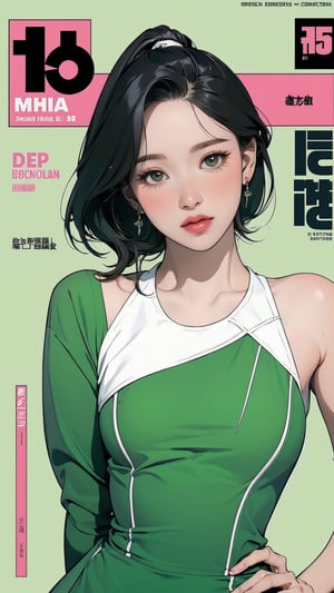 1girl, standing, thigh up body, ((looking at viewer, tennis girl outfit, center opening,)) 2D artstyle, magazine cover, outline, earings, blush, green background, hairstyle, ultra detailed, best quality, sharp focus, ,DiaSondef,sophiesw,Mia ,Anna ,mthanhh,minatw