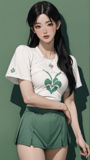 1girl, standing, thigh up body, ((looking at viewer, tennis girl outfit, center opening,)) 2D artstyle, magazine cover, outline, earings, blush, green background, hairstyle, ultra detailed, best quality, sharp focus, ,DiaSondef,sophiesw,Mia ,Anna ,miyeon