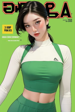 1girl, thigh up body, detailed clothes, kpop idol, hairstyle, croptop, looking at viewer, sharp focus, magazine cover, green background, ((outline,)) chimai, aespakarina,sanatw