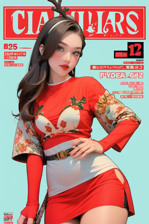 1girl, thigh up, santa girl, reindeer hair band, furtrim, detailed clothes, cutout clothes, looking at viewer, magazine cover, colorful background, outline, 2D artstyle, chimai, hakil