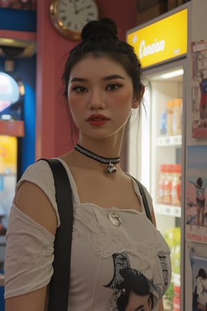 1girl, looking at viewer, styled strap shirt, ((choker bell,)) detailed clothes, hairstyle, profesional lighting, magazine cover, convenience store, soda cabinet, 7elenven, semirealistic, advertisement,

aespakarina, chimai,sim,hine,hakil,kn,Enhanced all