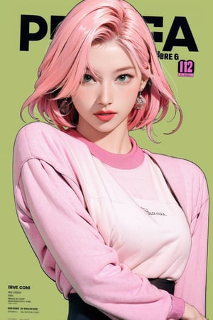 tennis girl outfit, 1girl, standing, pink hair, looking at viewer, hairstyle, detailed clothes, earrings, sanatw, magazine cover, green background,