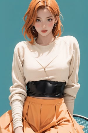 tennis girl outfit, 1girl, thigh up body, orange hair, looking at viewer, hairstyle, detailed clothes, earrings, sanatw, magazine cover, green background,