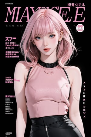 1girl, thigh up body, looking at viewer, pink hair, styled clothes, ultra detail, accurate color reproduction, black background, best quality, professionally color graded, artwork, blurring effect, professional lighting, sanatw, magazine cover,sim,chimai,aespakarina