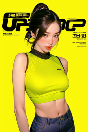 1girl, thigh up body, detailed clothes, kpop idol, hairstyle, croptop, trouser, looking at viewer, sharp focus, magazine cover, yellow background, ((outline,)) chimai, aespakarina,sanatw