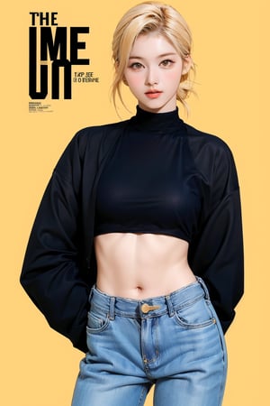 1girl, thigh up body, detailed clothes, kpop idol, turtle_neck_croptop, boyfriend_jeans, looking at viewer, sharp focus, magazine cover, yellow background, ((outline,)) chimai, aespakarina,sanatw