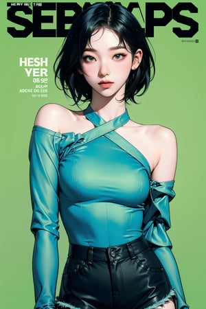 1girl, thigh up body, detailed clothes, kpop idol, shoulder length hair, hush cut hair, shorts, looking at viewer, sharp focus, magazine cover, green background, ((outline,)) chimai, aespakarina,sanatw