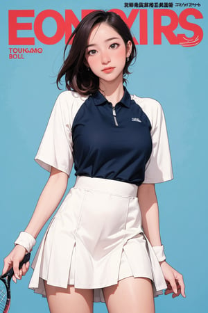 ((tennis girl outfit,)) 1girl, blush, thigh up, looking straight at viewer, earrings, magazine cover, 2D manga artstyle, outline, blue background, hine