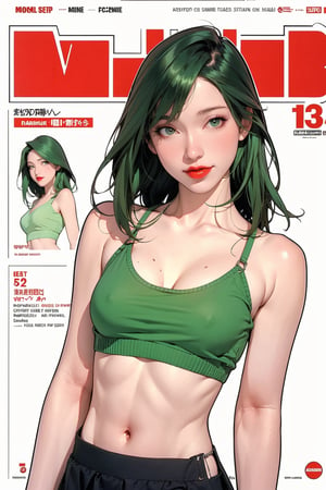 mature, lustful, allure, 1girl, green hair, red lips, eye_lens, detailed and styled clothes, top bikini, croptop hoodie, medium breasts, skirt, looking at viewer, best quality, masterpiece, sharp focus, hakil, magazine cover, ((outline, 2D manga artstyle,))