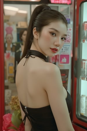 1girl, looking at viewer, smiling, strapless shirt, choker bell, detailed clothes, hairstyle, profesional lighting, magazine cover, convenience store, soda cabinet, 7elenven, semirealistic, advertisement,

aespakarina, chimai,sim,hine,hakil,kn,Enhanced all