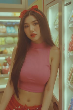 1girl, looking at viewer, hip up, croptop turtleneck, shorts, detailed clothes, ultra detailed, profesional lighting, magazine cover, convenience store, soda cabinet, 7elenven, analog photo mood, photorealistic, aespakarina,c himai