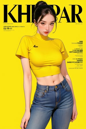 1girl, thigh up body, detailed clothes, kpop idol, hairstyle, croptop, boyfriend_jeans, looking at viewer, sharp focus, magazine cover, yellow background, ((outline,)) chimai, aespakarina,sanatw