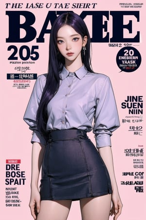 1girl, thigh up body, standing, purple hair, detailed clothes, styled shirt, skirt, earrings, looking at viewer, magazine cover, aespakarina, 