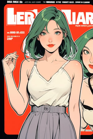 mature, lustful, allure, 1girl, green hair, red lips, eye_lens, detailed and styled clothes, medium breasts, skirt, looking at viewer, best quality, masterpiece, sharp focus, hakil, magazine cover, ((outline, 2D manga artstyle,))