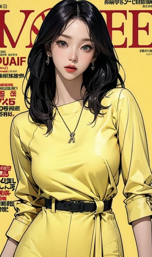 1girl, hip up body, lustful, looking at viewer, styled clothes, different hairstyle, coloful clothes, aespakarina, magazine cover, yellow background, outline, center_opening,