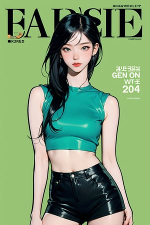 1girl, thigh up body, detailed clothes, kpop idol, hairstyle, croptop, looking at viewer, sharp focus, magazine cover, green background, ((outline,)) chimai, aespakarina,sanatw