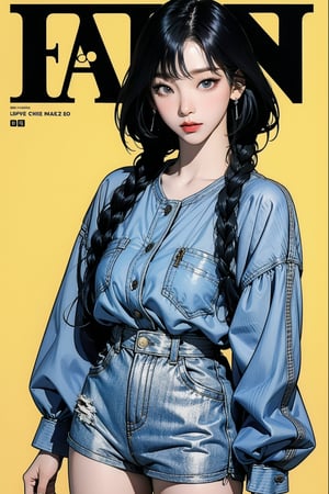 1girl, thigh up body, detailed clothes, kpop idol, short length hair, 2_braided_hair, blunt bangs, looking at viewer, sharp focus, magazine cover, yellow background, ((outline,)) chimai, aespakarina,sanatw