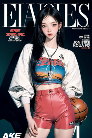 1girl, ((basketball girl outfit,)) thigh up, detailed clothes, earrings, looking at viewer, aespakarina, magazine cover,