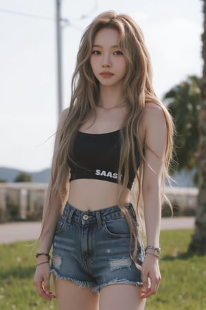 1girl, thigh up body, kpop idol, croptop, miniskirt, standing, on street, detailed clothes, looking at viewer, ultra detailed, beautiful face, natural lighting, magazine cover, 2.5D artstyle, best quality, masterpiece, aespakarina, straight camera angle,