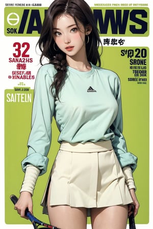 tennis girl outfit, 1girl, thigh up body, looking at viewer, hairstyle, detailed clothes, earrings, sanatw, magazine cover, green background,