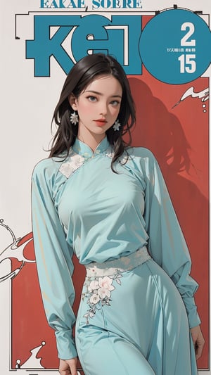 1girl, looking at viewer, thigh up body, sexy and elegant, cyan background, hairstyle, dynamic composition, styled clothes, cutout clothing, shirt, skirt, ultra detailed, best quality, sharp focus, aespakarina, magazine cover, outline, 2D art, chimai,htt,sim,huondey,kn