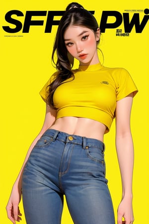 1girl, thigh up body, detailed clothes, kpop idol, hairstyle, croptop, boyfriend_jeans, looking at viewer, sharp focus, magazine cover, yellow background, ((outline,)) chimai, aespakarina,sanatw