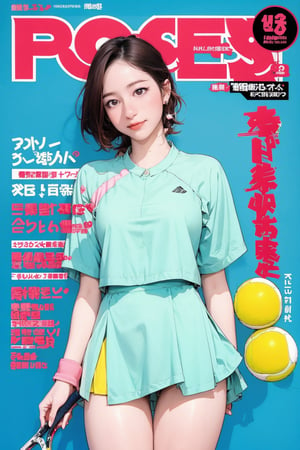 ((tennis girl outfit,)) 1girl, blush, thigh up, looking straight at viewer, earrings, magazine cover, 2D manga artstyle, outline, blue background, hine