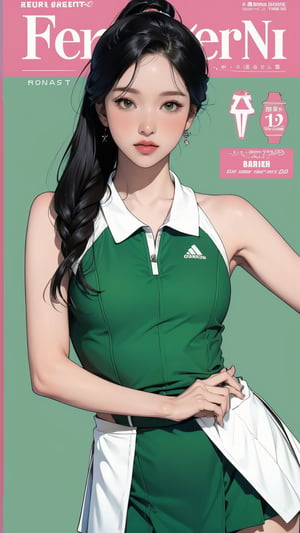 1girl, standing, thigh up body, ((looking at viewer, tennis girl outfit, center opening,)) 2D artstyle, magazine cover, outline, earings, blush, green background, hairstyle, ultra detailed, best quality, sharp focus, ,DiaSondef,sophiesw,Mia ,Anna ,mthanhh,minatw