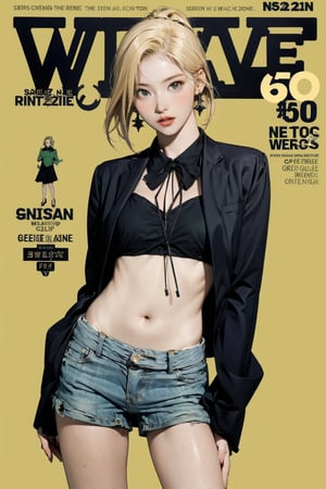 1girl, blonde hair, ((thigh up body,)) looking at viewer, detailed clothes, earrings, sanatw, ((magazine cover, green background,))