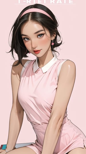 1girl, ((thigh up body,)) magazine cover, outline, 2.5D artstyle, tennis girl outfit, hairband, looking at viewer, earings, blush, pink background, hairstyle, detailed clothes, sleeveless, ultra detailed, best quality, sharp focus, chimai,